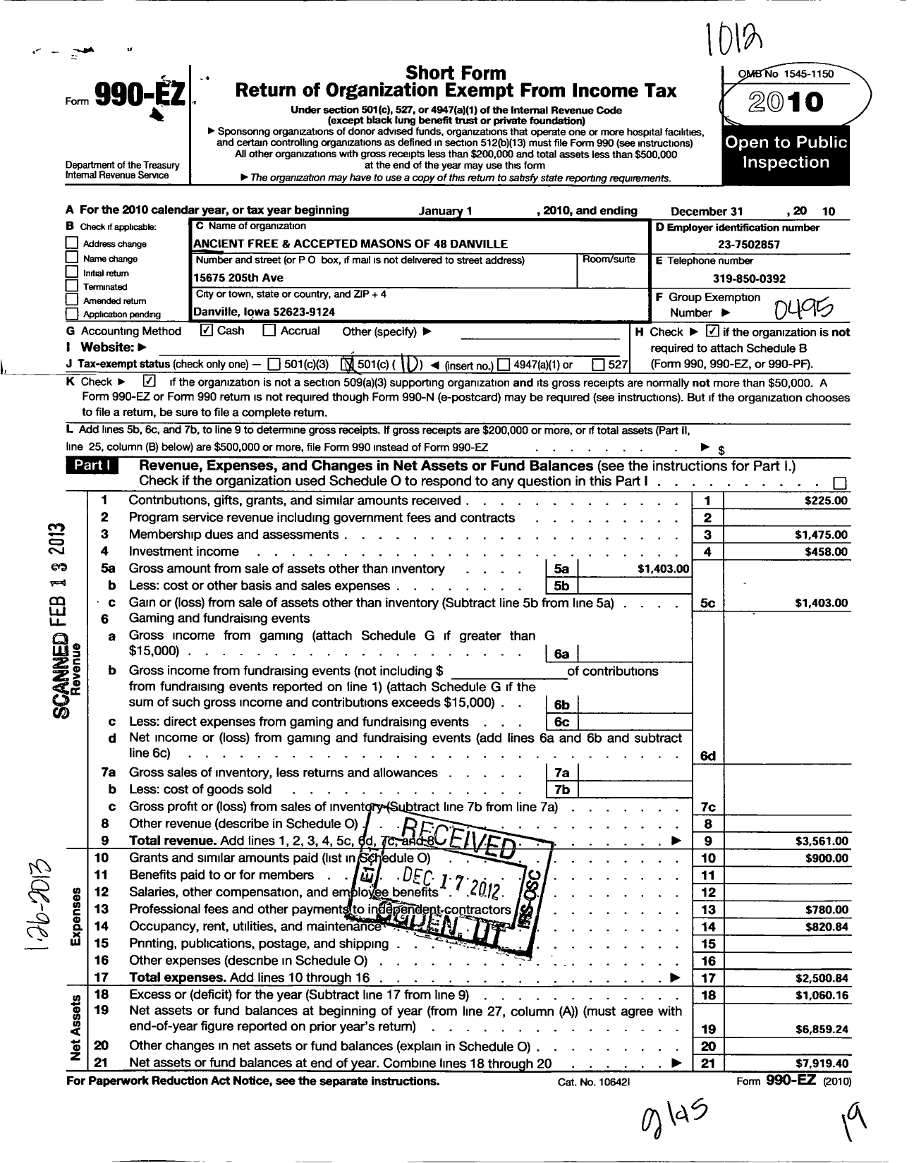 Image of first page of 2010 Form 990EO for Ancient Free and Accepted Masons of Iowa - 48 Danville