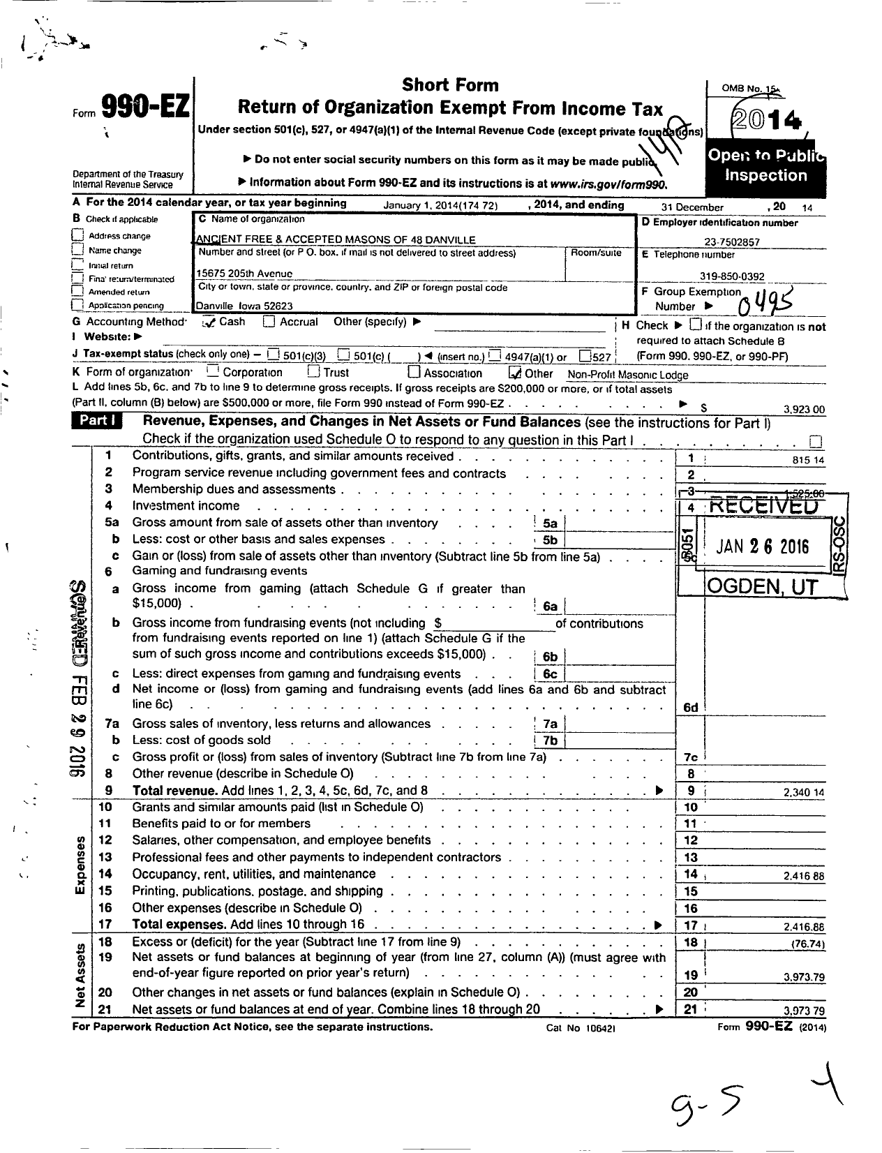 Image of first page of 2014 Form 990EO for Ancient Free and Accepted Masons of Iowa - 48 Danville