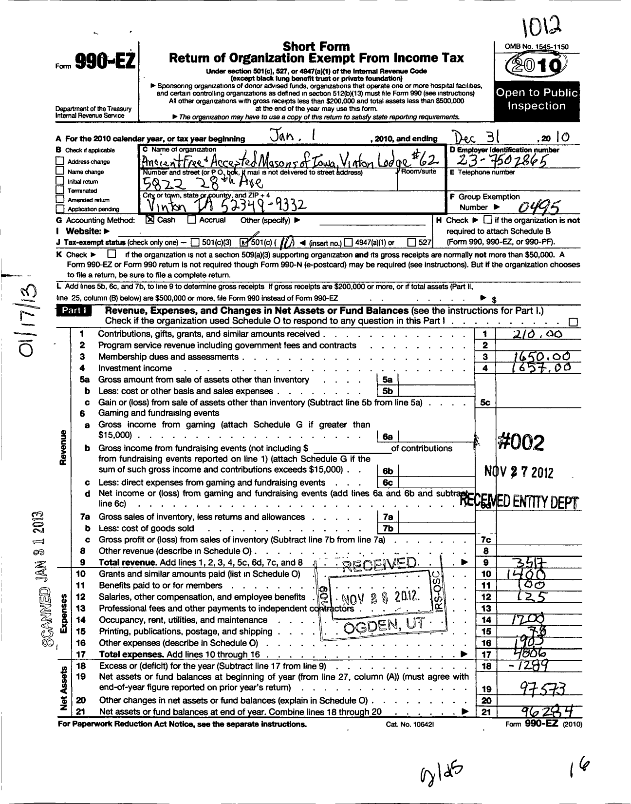 Image of first page of 2010 Form 990EO for Ancient Free and Accepted Masons of Iowa - 62 Vinton Lodge