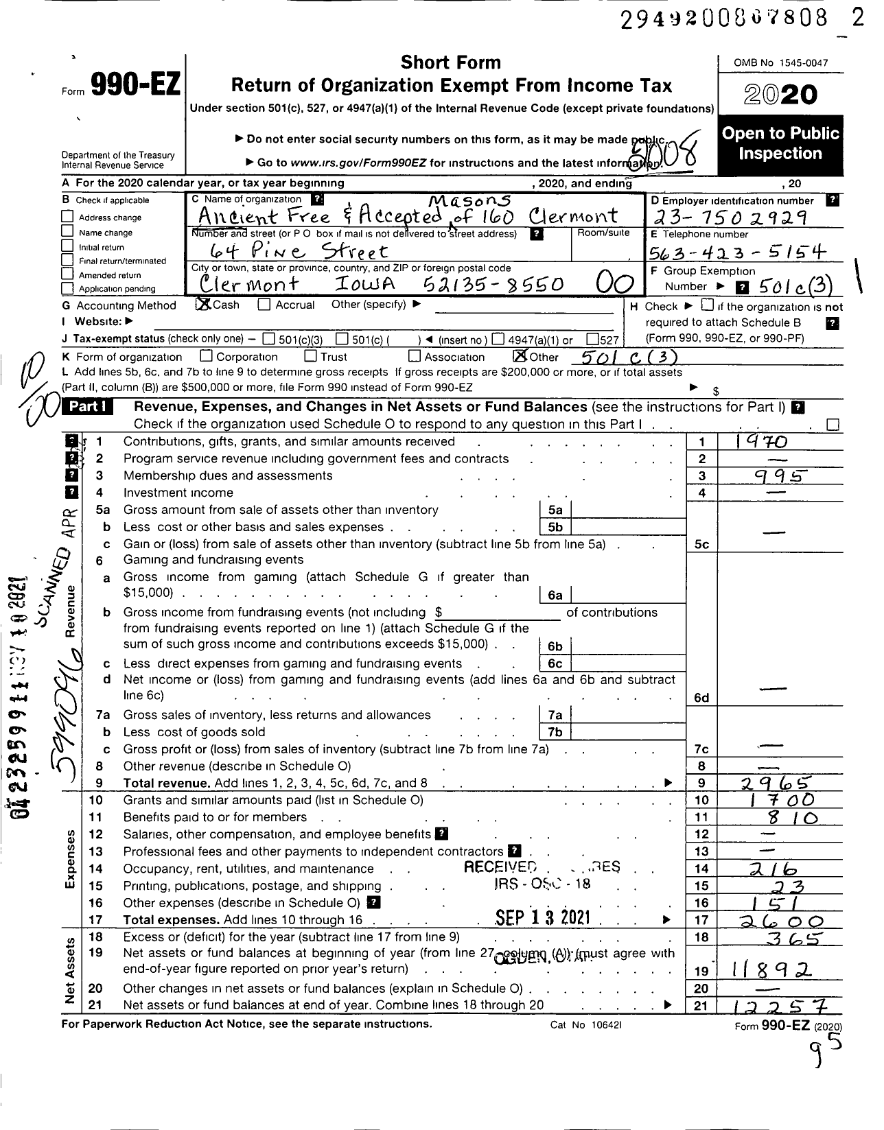 Image of first page of 2019 Form 990EO for Ancient Free and Accepted Masons of Iowa - 160 Clermont