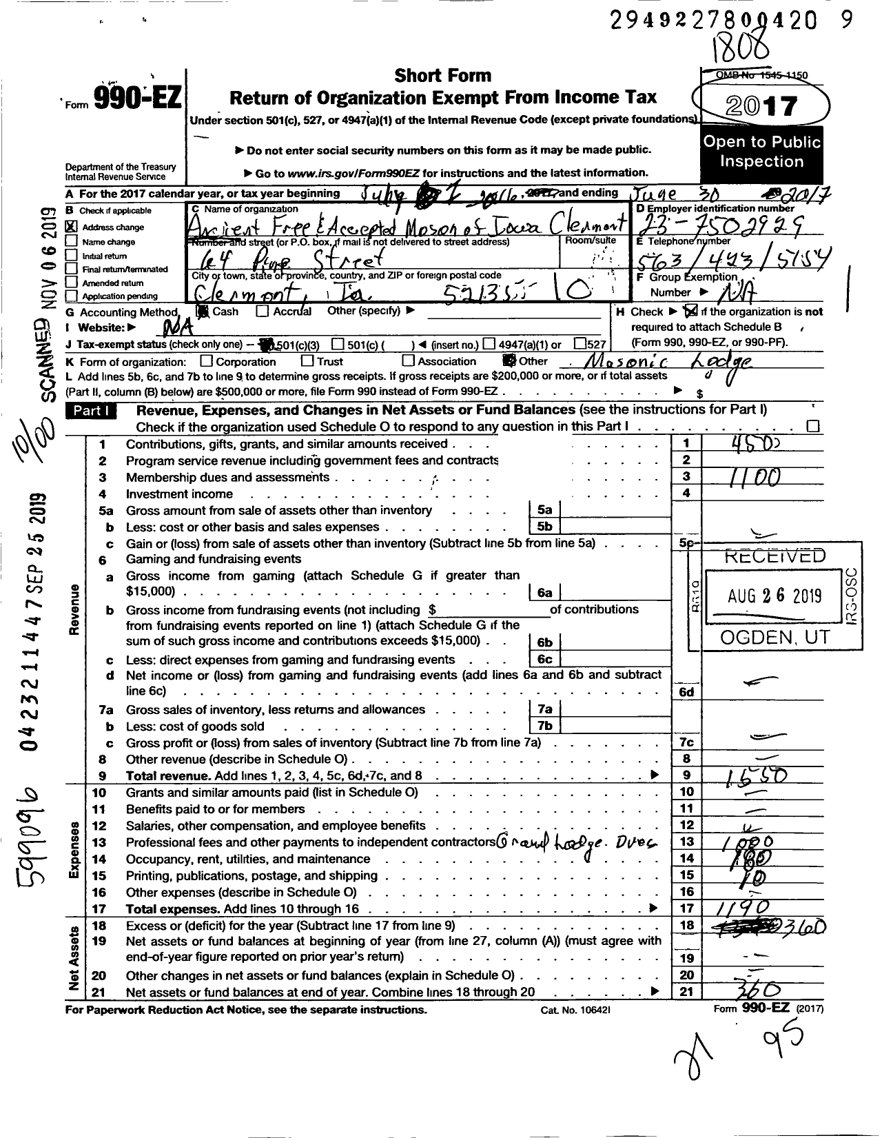 Image of first page of 2017 Form 990EO for Ancient Free and Accepted Masons of Iowa - 160 Clermont