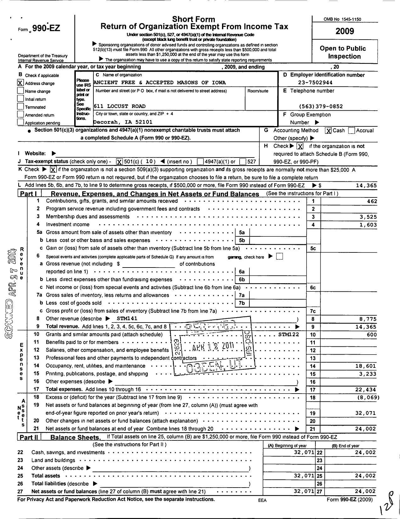 Image of first page of 2009 Form 990EO for Ancient Free and Accepted Masons of Iowa - 181 Great Lights