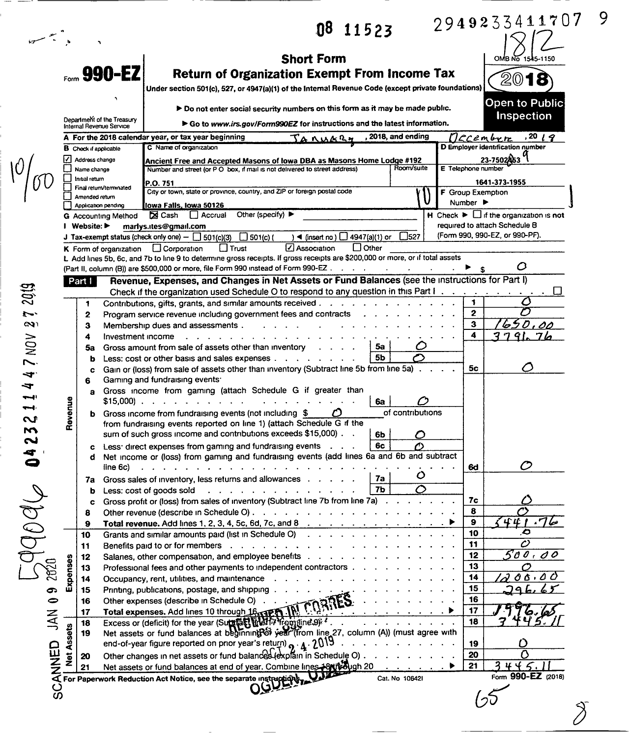 Image of first page of 2018 Form 990EO for Ancient Free and Accepted Masons of Iowa - 192 Masons Home