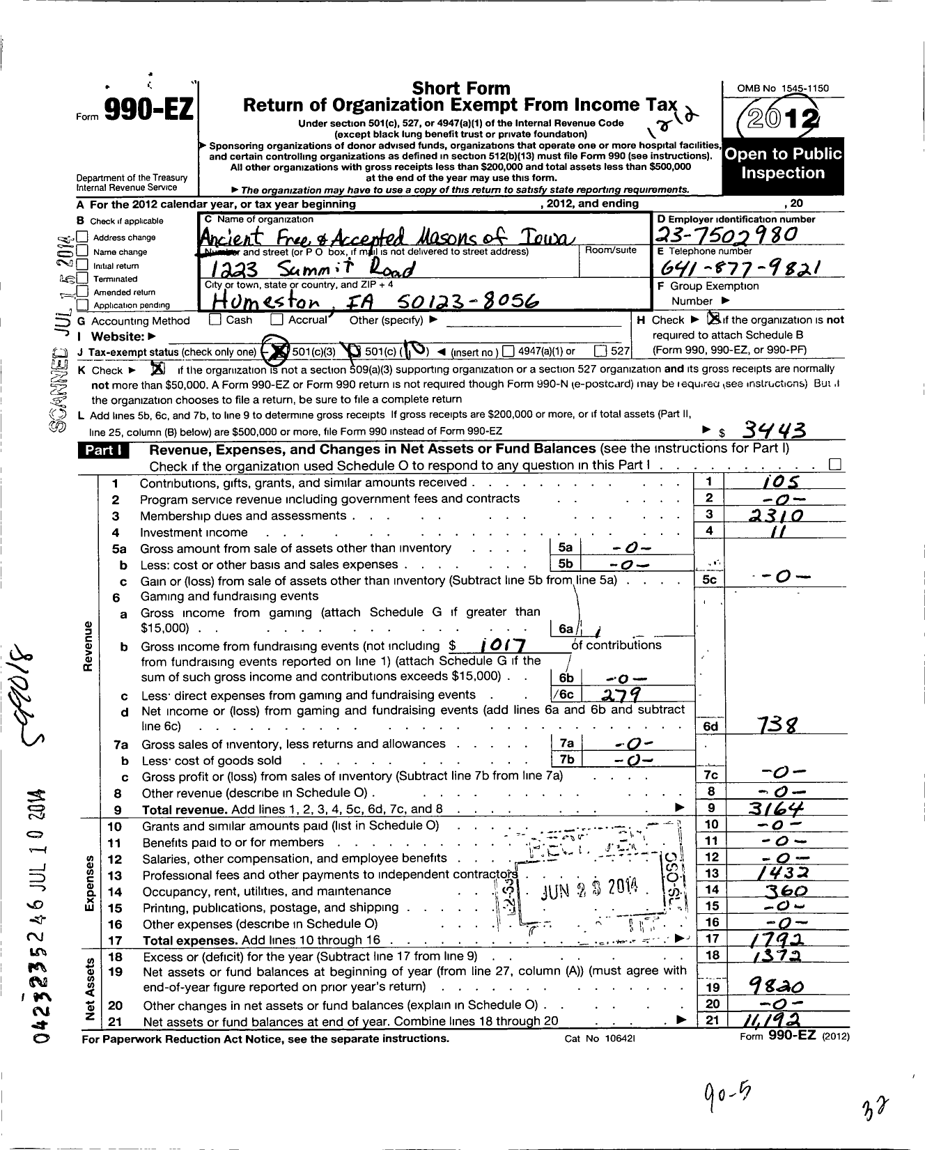 Image of first page of 2012 Form 990EO for Ancient Free and Accepted Masons of Iowa - 228 Fidelity