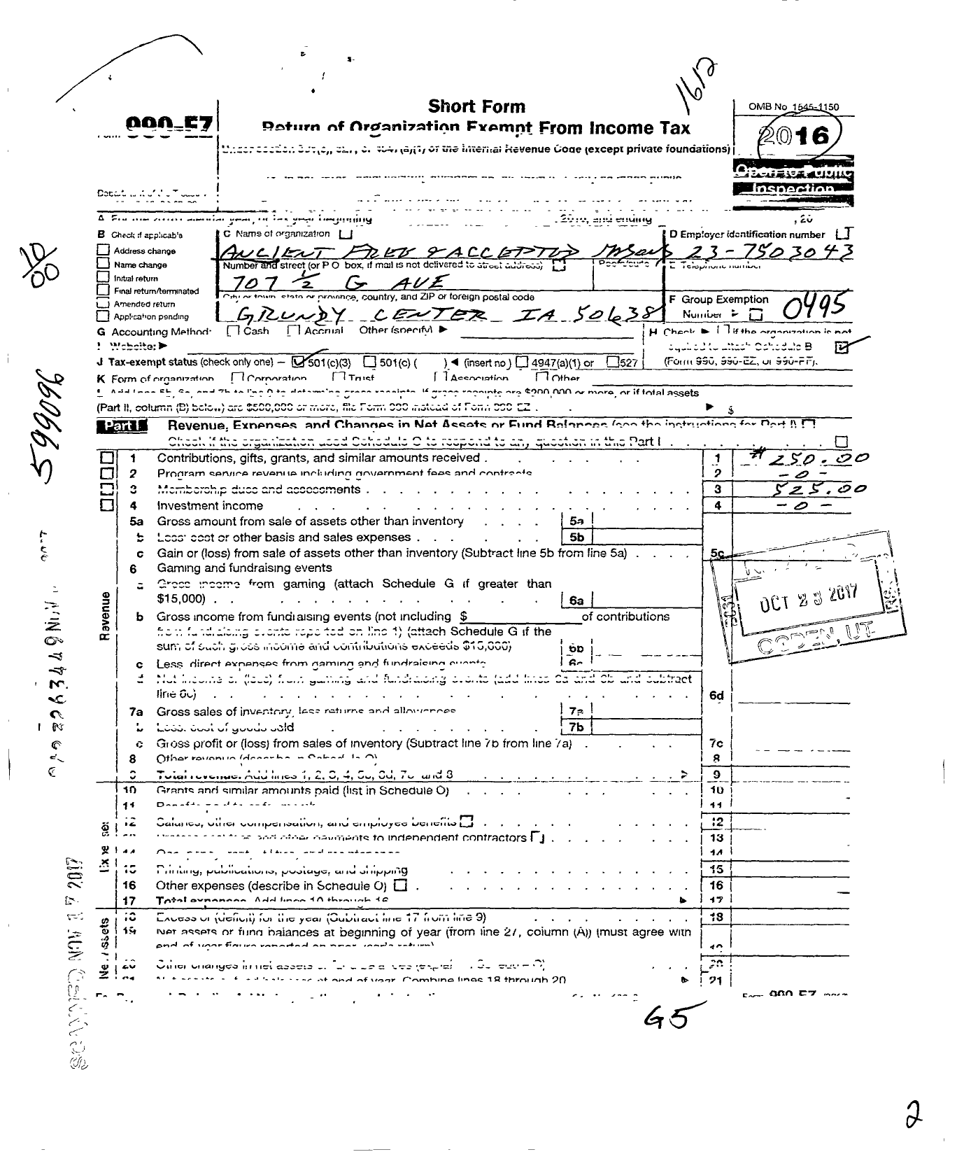 Image of first page of 2016 Form 990EZ for Ancient Free and Accepted Masons of Iowa - 334 Emerald