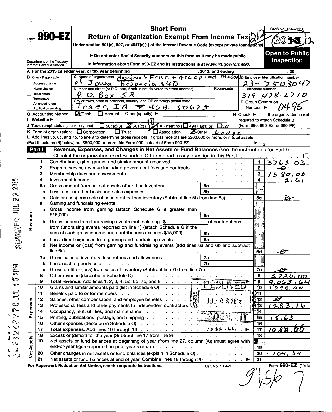 Image of first page of 2012 Form 990EO for Ancient Free and Accepted Masons of Iowa - 340 Hesperia