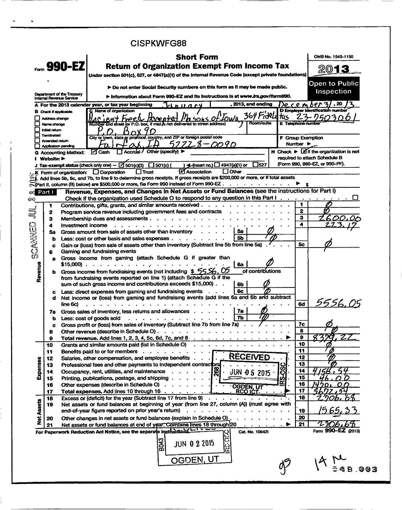 Image of first page of 2013 Form 990EZ for Ancient Free and Accepted Masons of Iowa - 364 Fidelitas