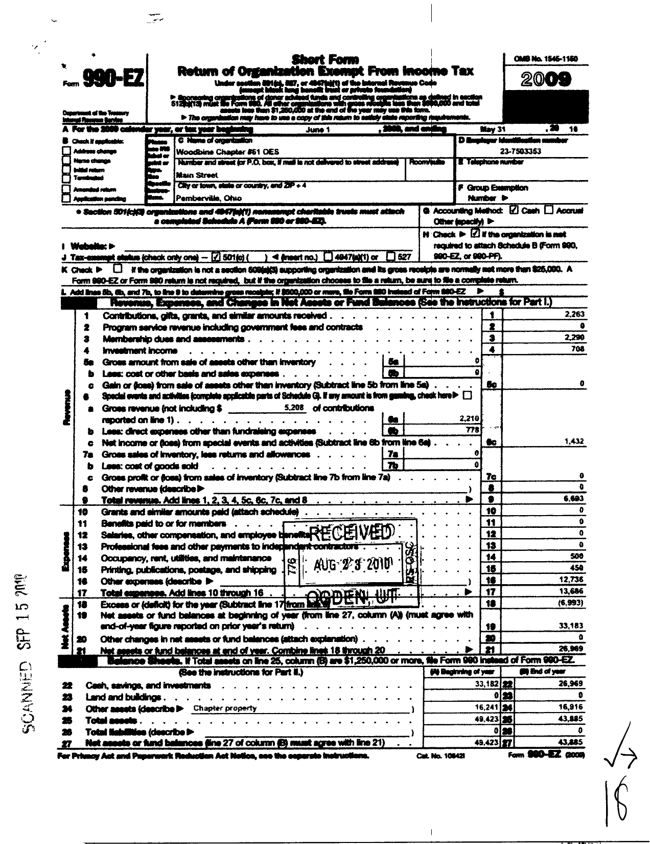 Image of first page of 2009 Form 990EO for Order of the Eastern Star of Ohio - 61 Woodbine Chapter