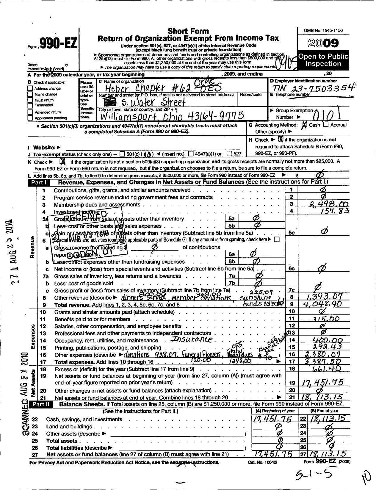 Image of first page of 2008 Form 990EO for Order of the Eastern Star of Ohio - 62 Heber Chapter