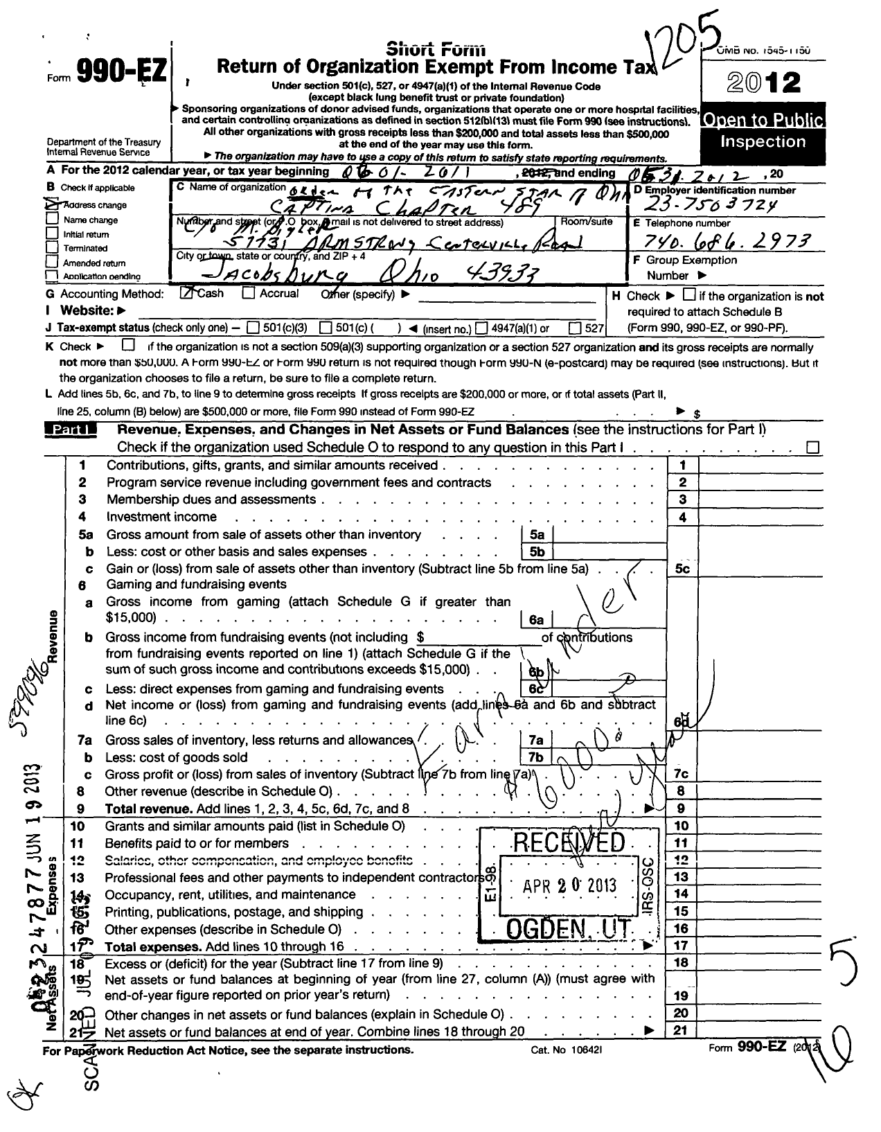 Image of first page of 2011 Form 990EO for Order of the Eastern Star of Ohio - 489 Captina Chapter