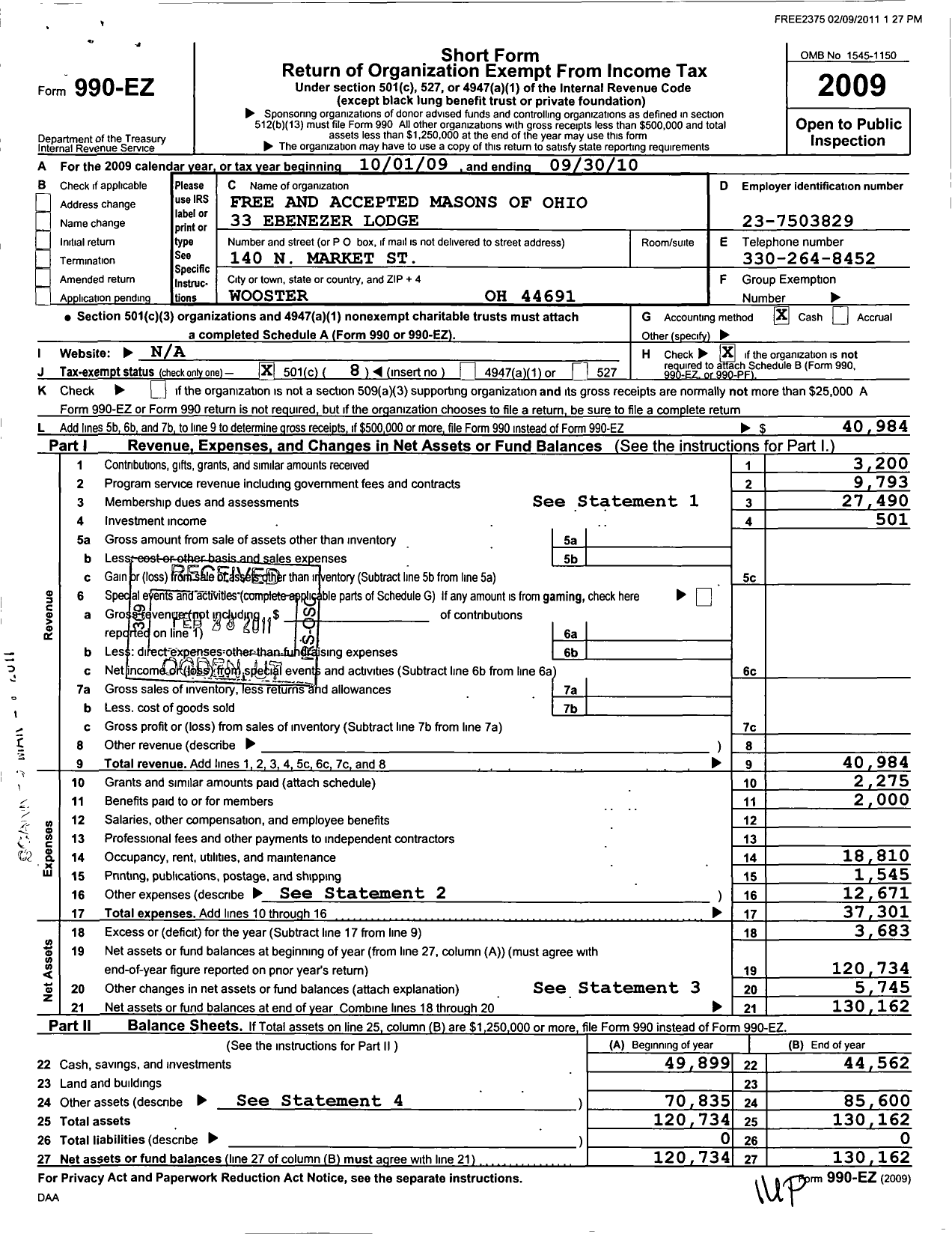 Image of first page of 2009 Form 990EO for Free & Accepted Masons of Ohio - 33 Ebenezer Lodge