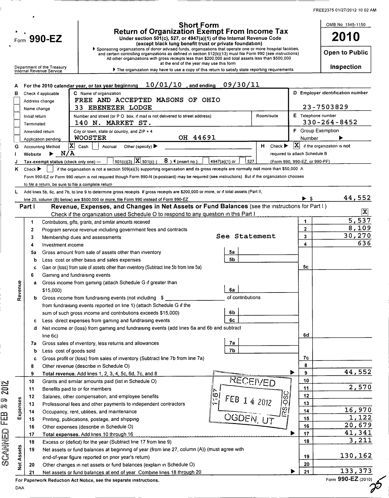 Image of first page of 2010 Form 990EO for Free & Accepted Masons of Ohio - 33 Ebenezer Lodge