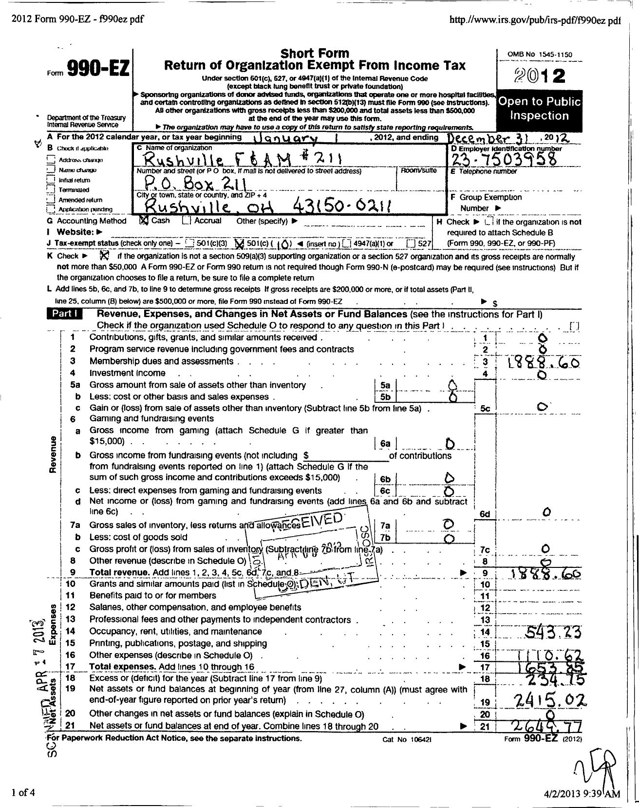 Image of first page of 2012 Form 990EO for Free & Accepted Masons of Ohio - 211 Rushville Lodge