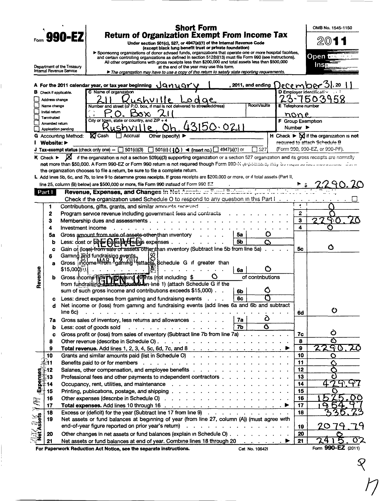 Image of first page of 2011 Form 990EO for Free & Accepted Masons of Ohio - 211 Rushville Lodge