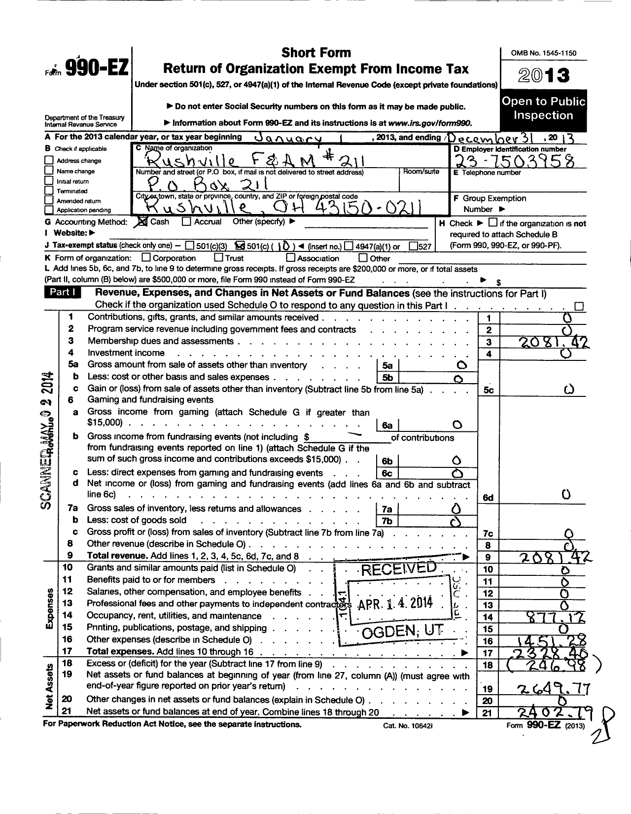 Image of first page of 2013 Form 990EO for Free & Accepted Masons of Ohio - 211 Rushville Lodge