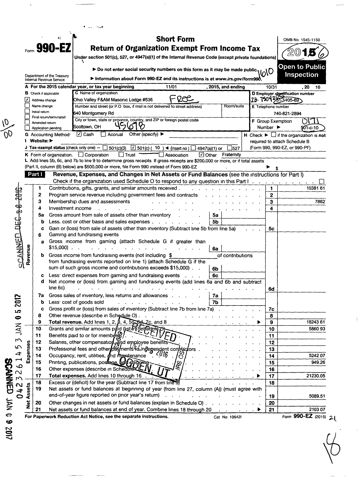 Image of first page of 2015 Form 990EO for Free & Accepted Masons of Ohio - 536 Ohio Valley Lodge