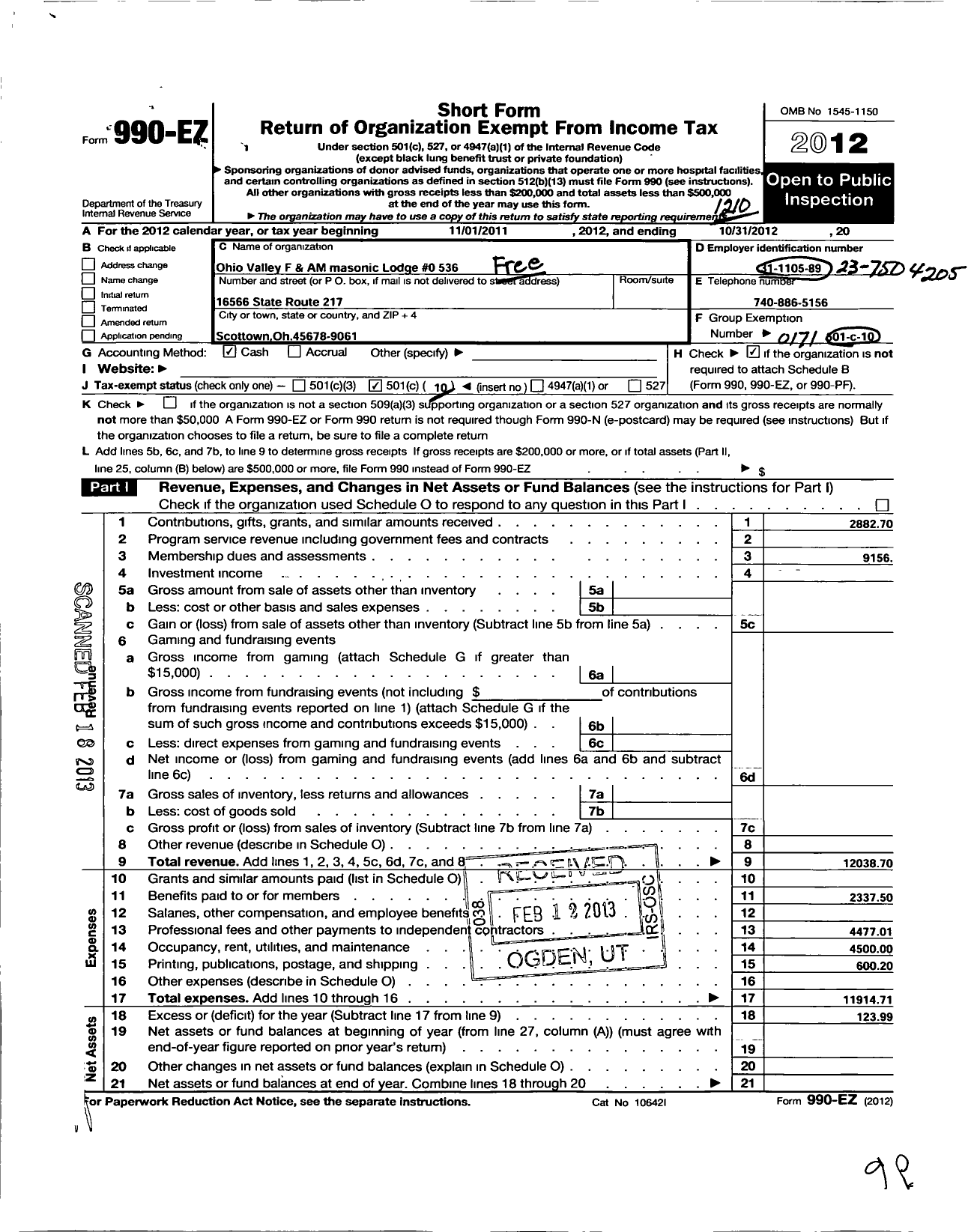 Image of first page of 2011 Form 990EO for Free & Accepted Masons of Ohio - 536 Ohio Valley Lodge