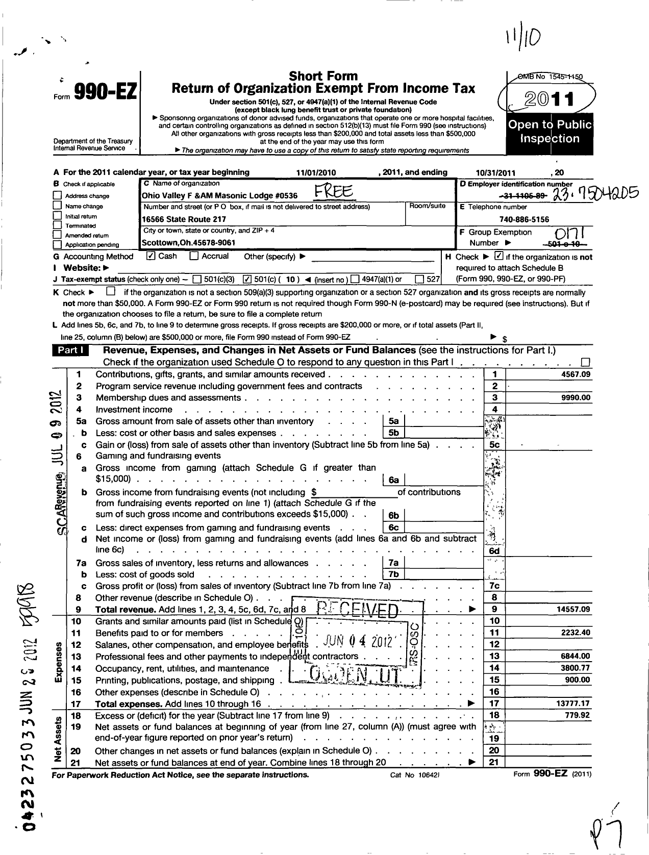 Image of first page of 2010 Form 990EO for Free & Accepted Masons of Ohio - 536 Ohio Valley Lodge