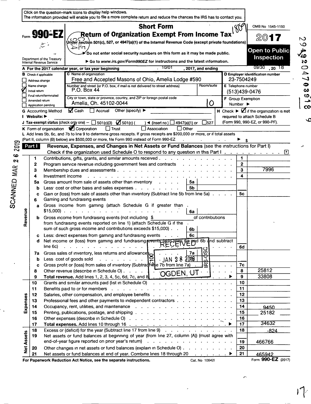 Image of first page of 2017 Form 990EO for Free & Accepted Masons of Ohio - 590 Amelia Lodge