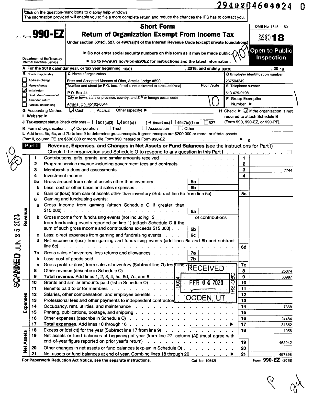 Image of first page of 2018 Form 990EO for Free & Accepted Masons of Ohio - 590 Amelia Lodge