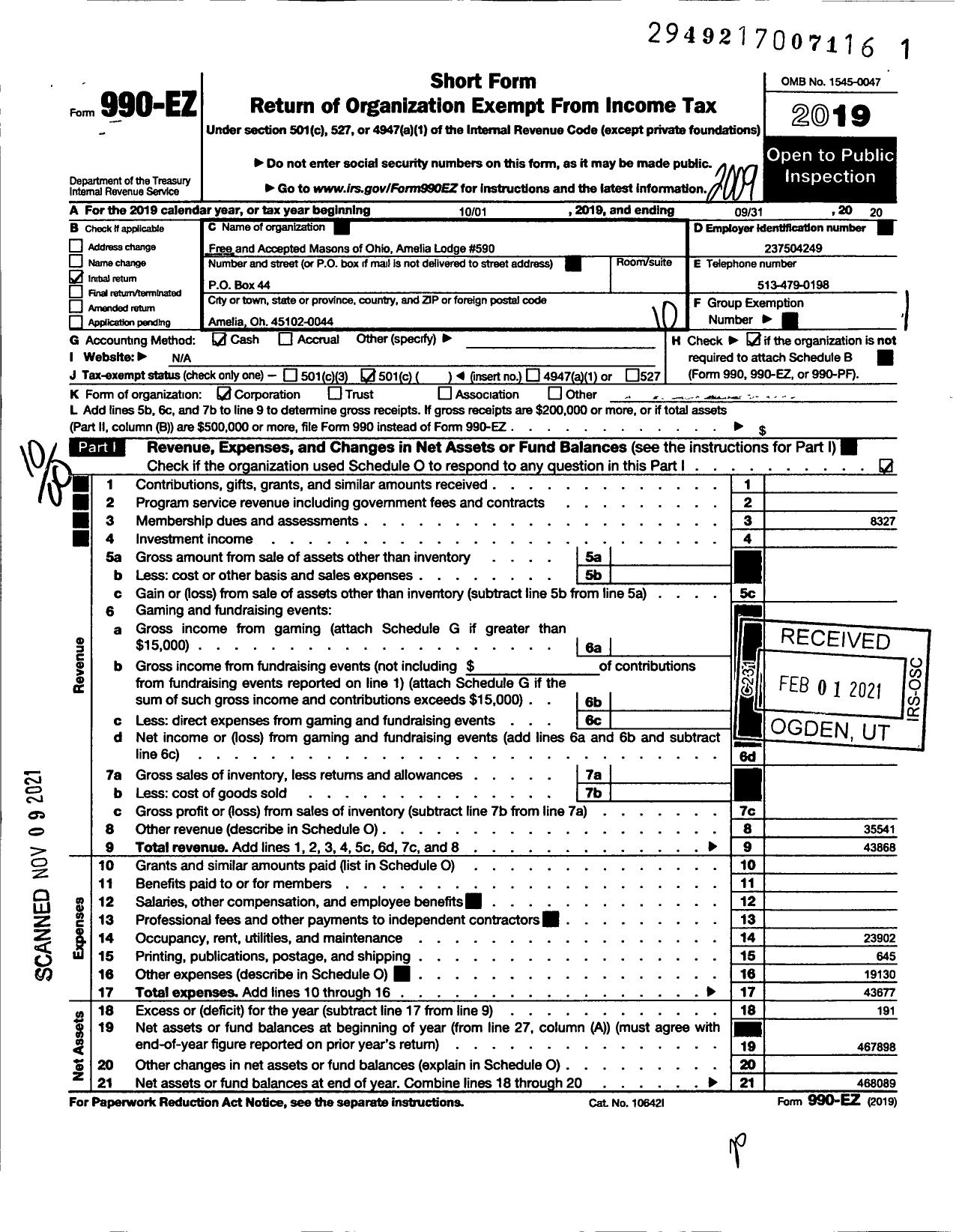 Image of first page of 2019 Form 990EO for Free & Accepted Masons of Ohio - 590 Amelia Lodge