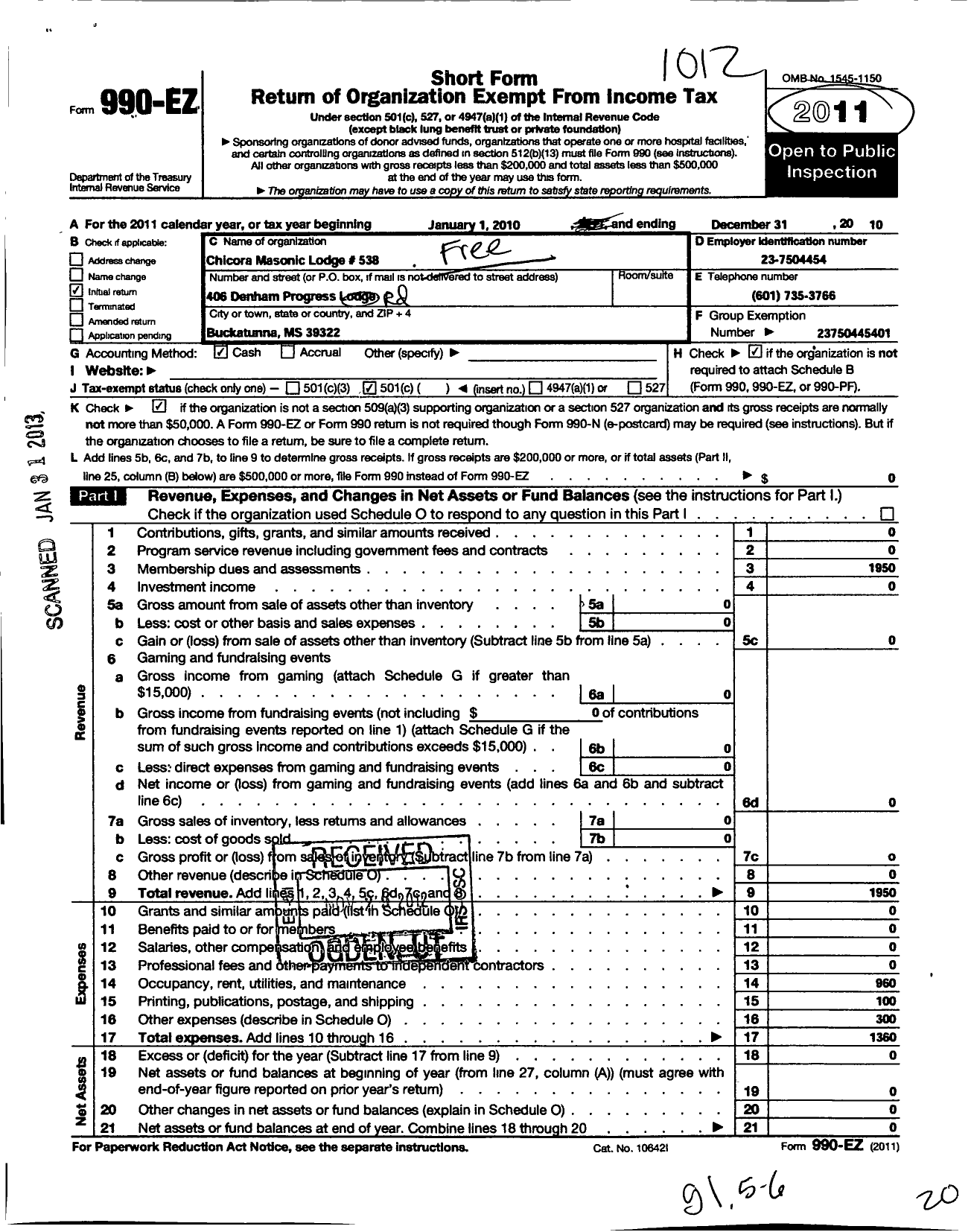 Image of first page of 2010 Form 990EO for Free and Accepted Masons of Mississippi - 538 Chicora