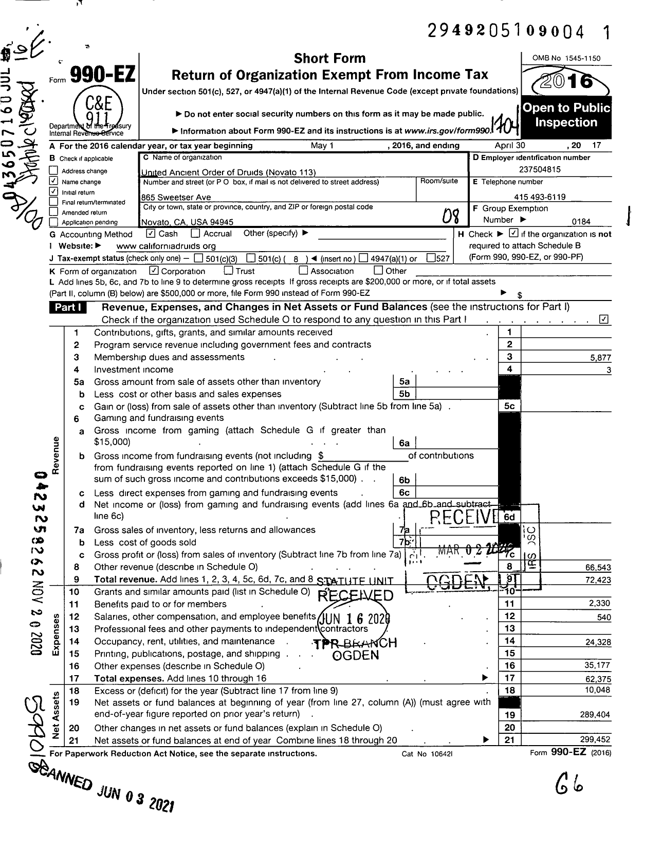 Image of first page of 2016 Form 990EO for United Ancient Order of Druids / Novato 113