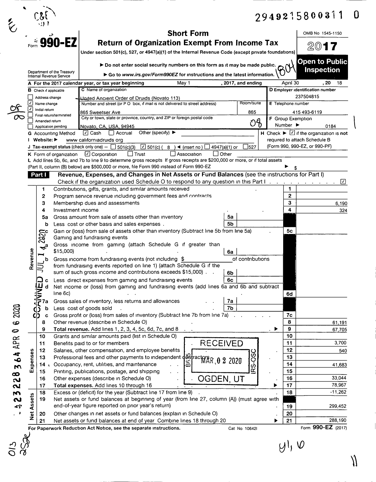 Image of first page of 2017 Form 990EO for United Ancient Order of Druids / Novato 113