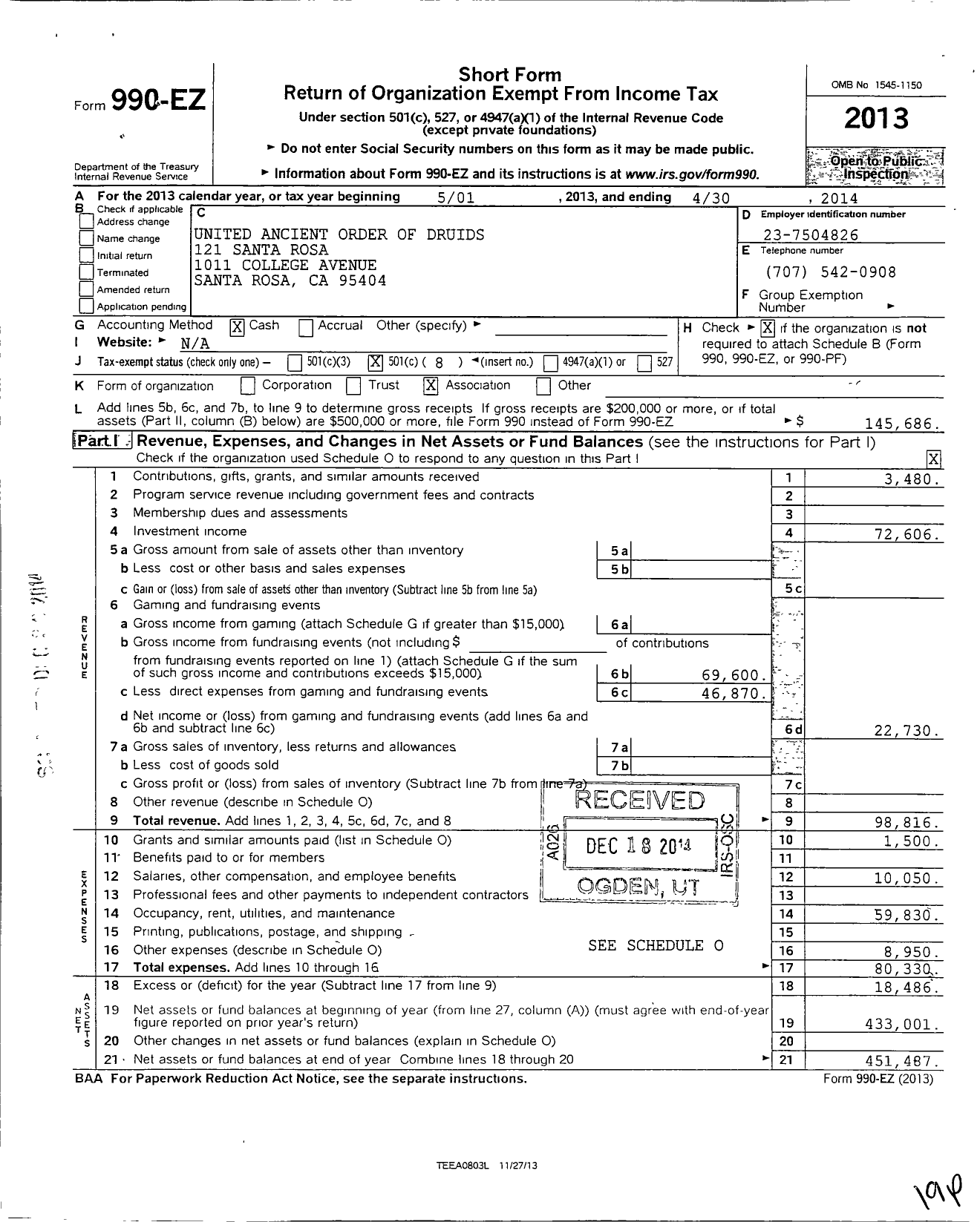 Image of first page of 2013 Form 990EO for United Ancient Order of Druids Grand Grove of California 121 Santa Rosa