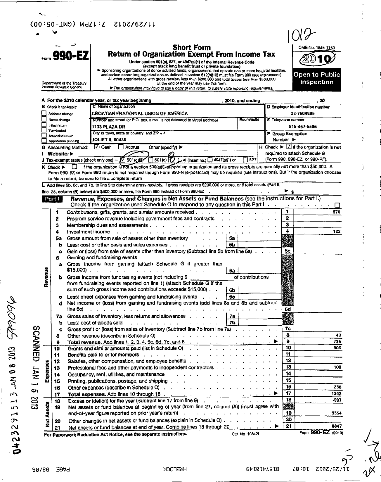 Image of first page of 2010 Form 990EO for Croatian Fraternal Union of America - 18 Lodge Zrinski Frankopan