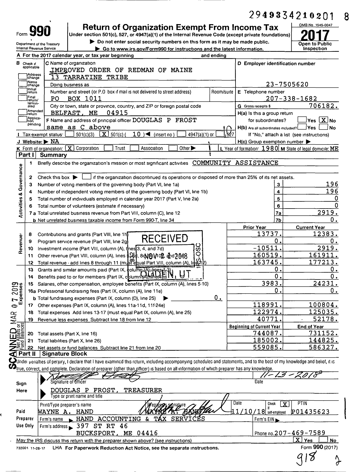 Image of first page of 2017 Form 990O for Tarratine Tribe 13 Improved Order of Red Men - 13 Tarratine Tribe