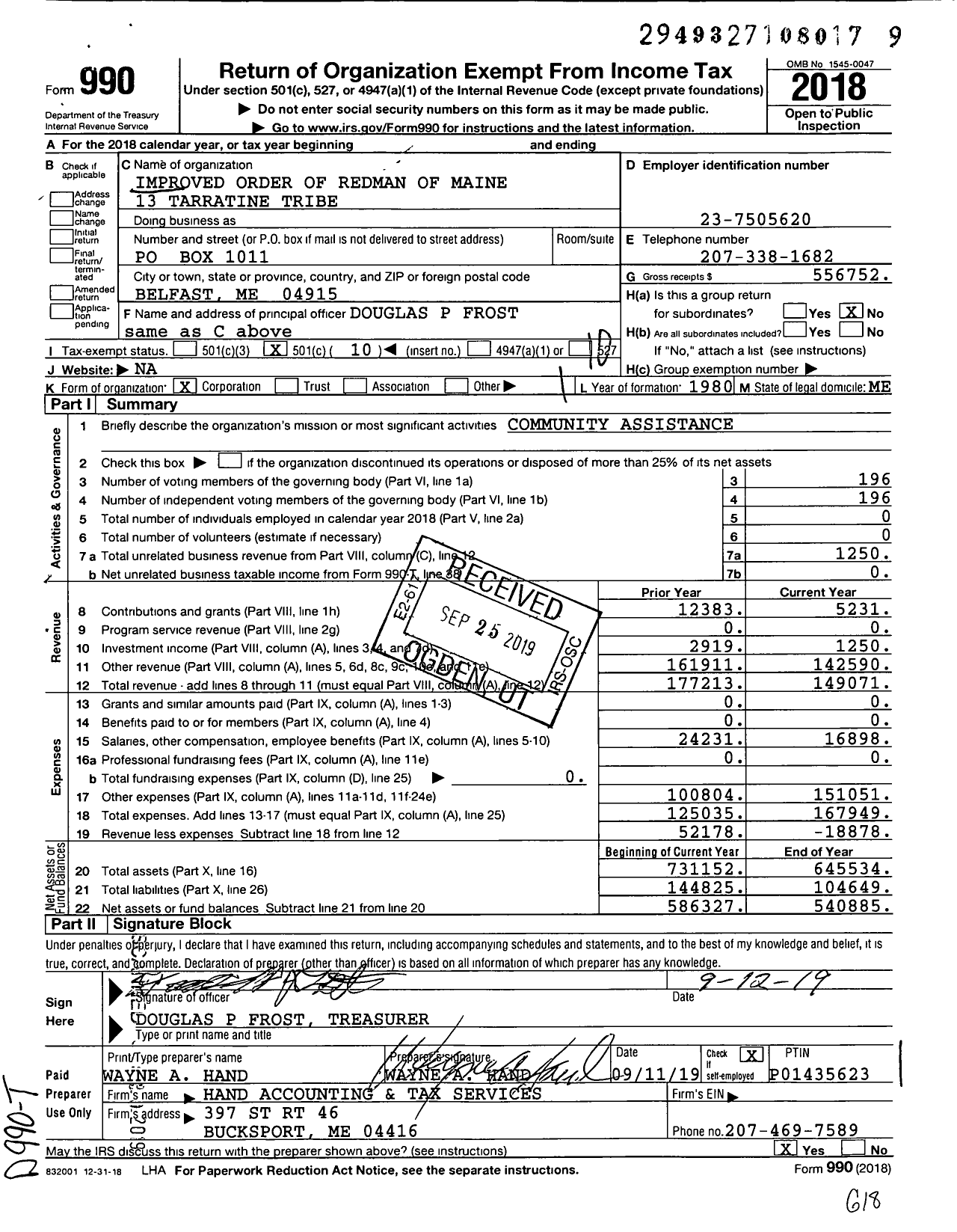 Image of first page of 2018 Form 990O for Tarratine Tribe 13 Improved Order of Red Men - 13 Tarratine Tribe