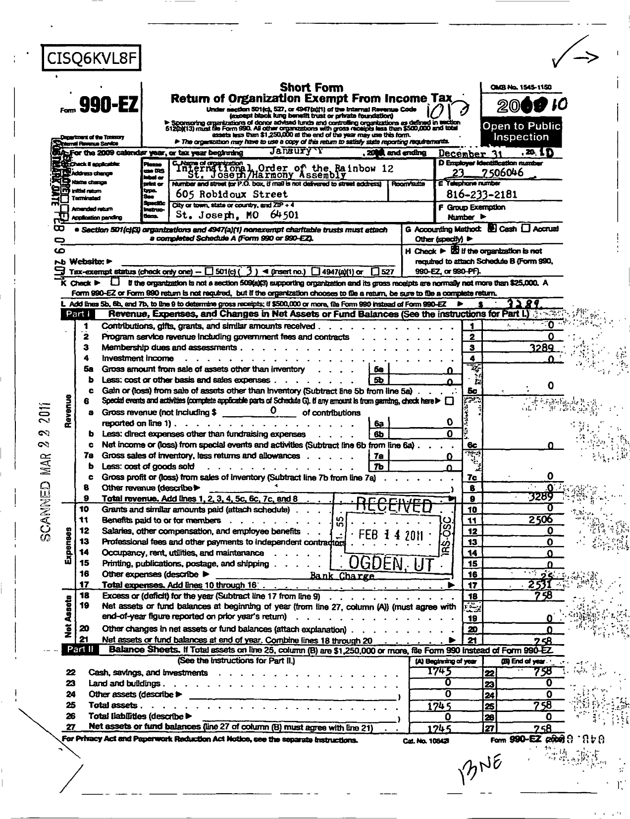 Image of first page of 2010 Form 990EZ for International Order of the Rainbow Girls - 12 St Joseph-Harmony Assembly