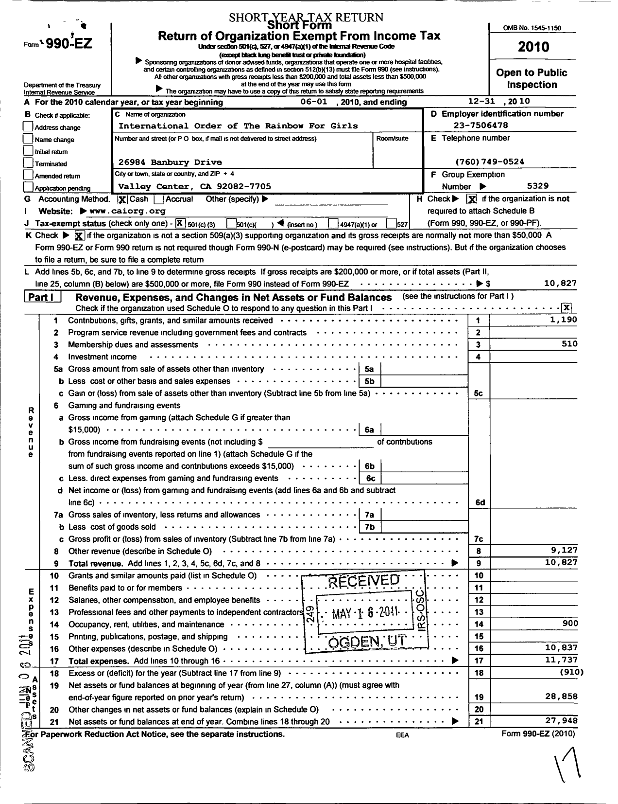 Image of first page of 2010 Form 990EZ for International Order of the Rainbow Girls - 137 Fallbrook Assembly