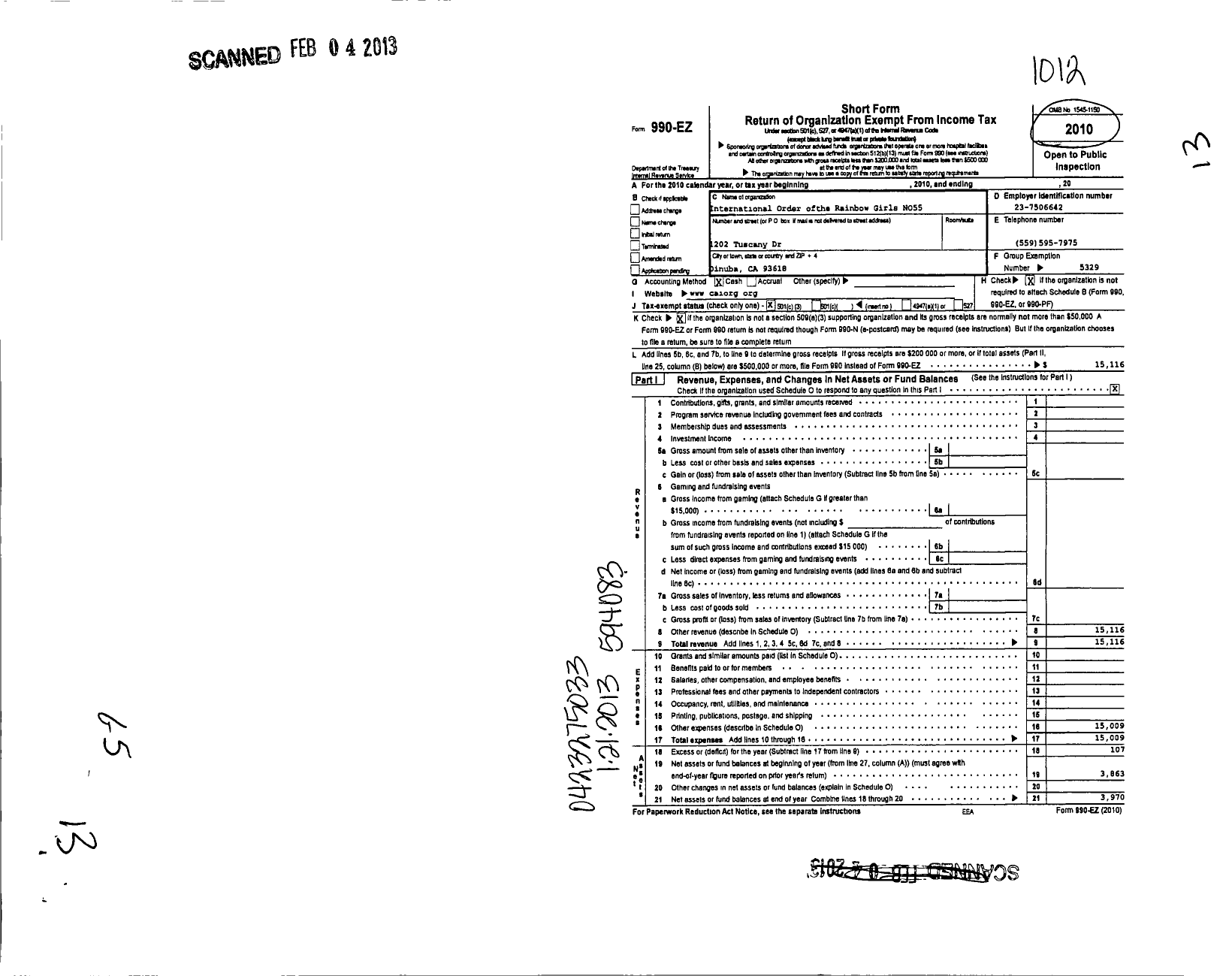 Image of first page of 2010 Form 990EZ for International Order of the Rainbow Girls - 55 Visalia Assembly