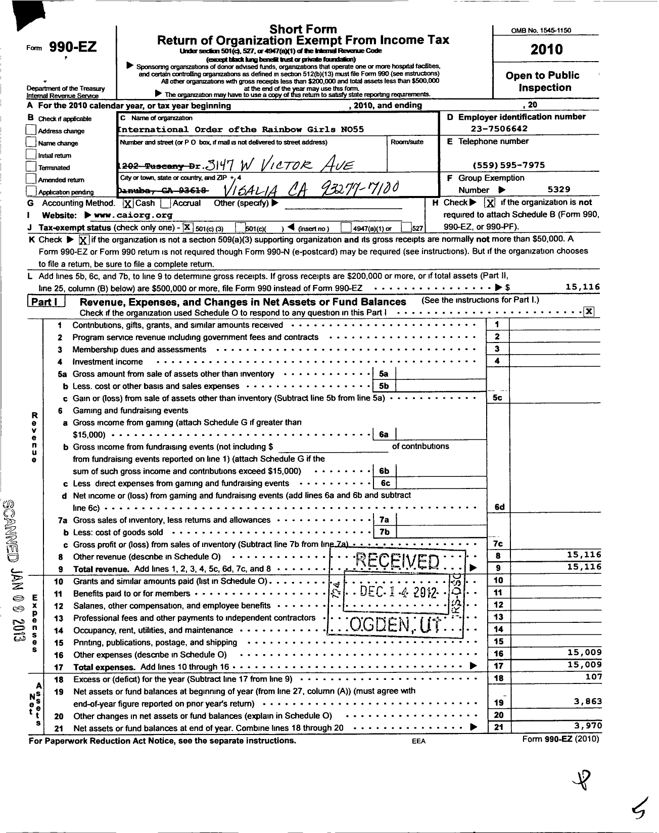 Image of first page of 2010 Form 990EZ for International Order of the Rainbow Girls - 55 Visalia Assembly