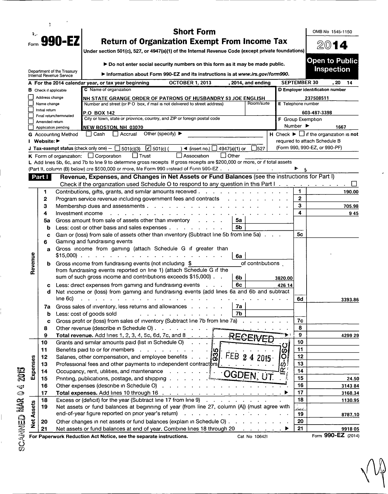 Image of first page of 2013 Form 990EO for New Hampshire State Grange of the Order of Patrons of Husbandry - 53 Joe English