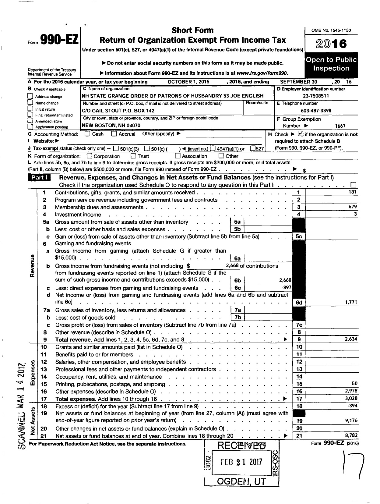 Image of first page of 2015 Form 990EO for New Hampshire State Grange of the Order of Patrons of Husbandry - 53 Joe English