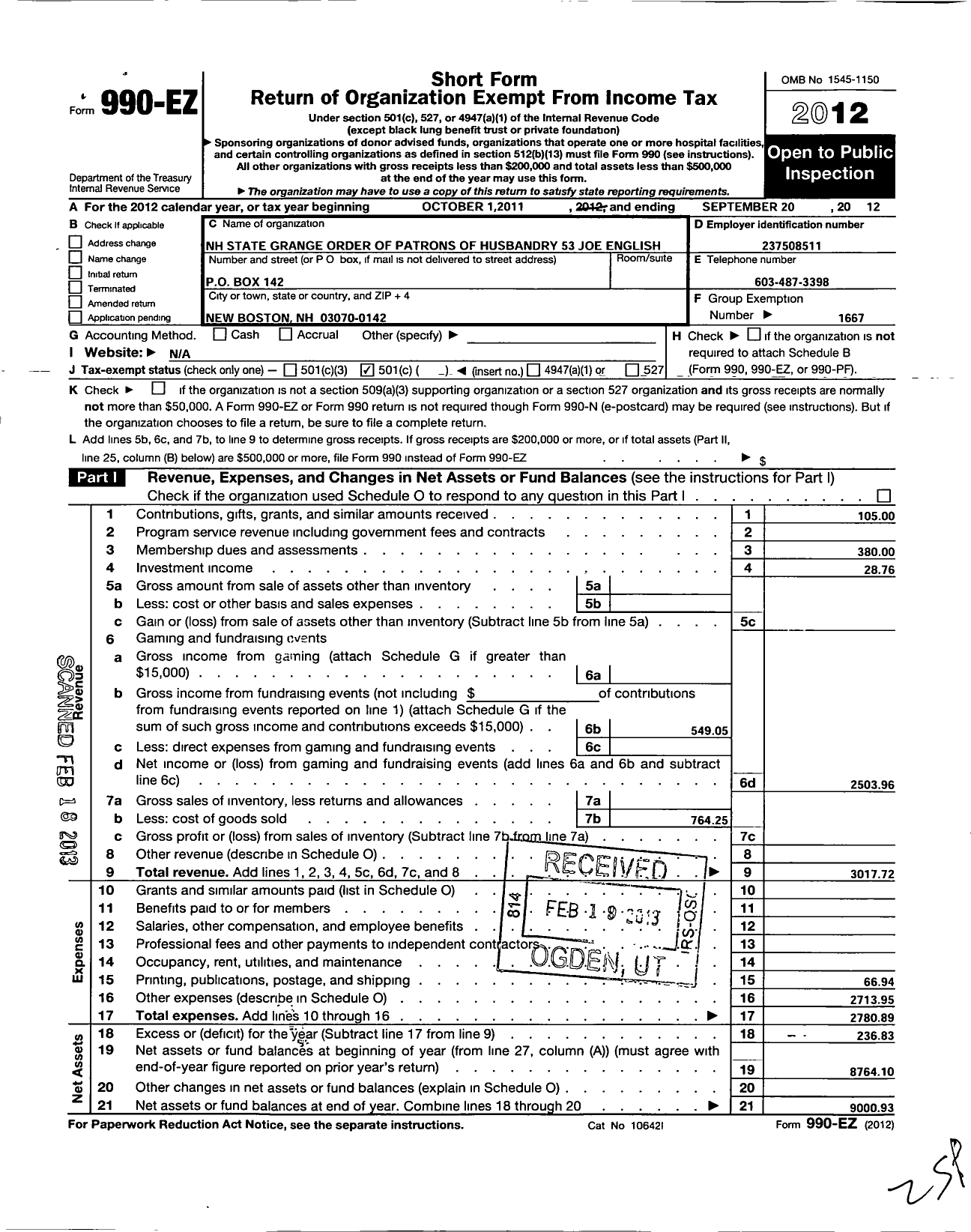 Image of first page of 2011 Form 990EO for New Hampshire State Grange of the Order of Patrons of Husbandry - 53 Joe English