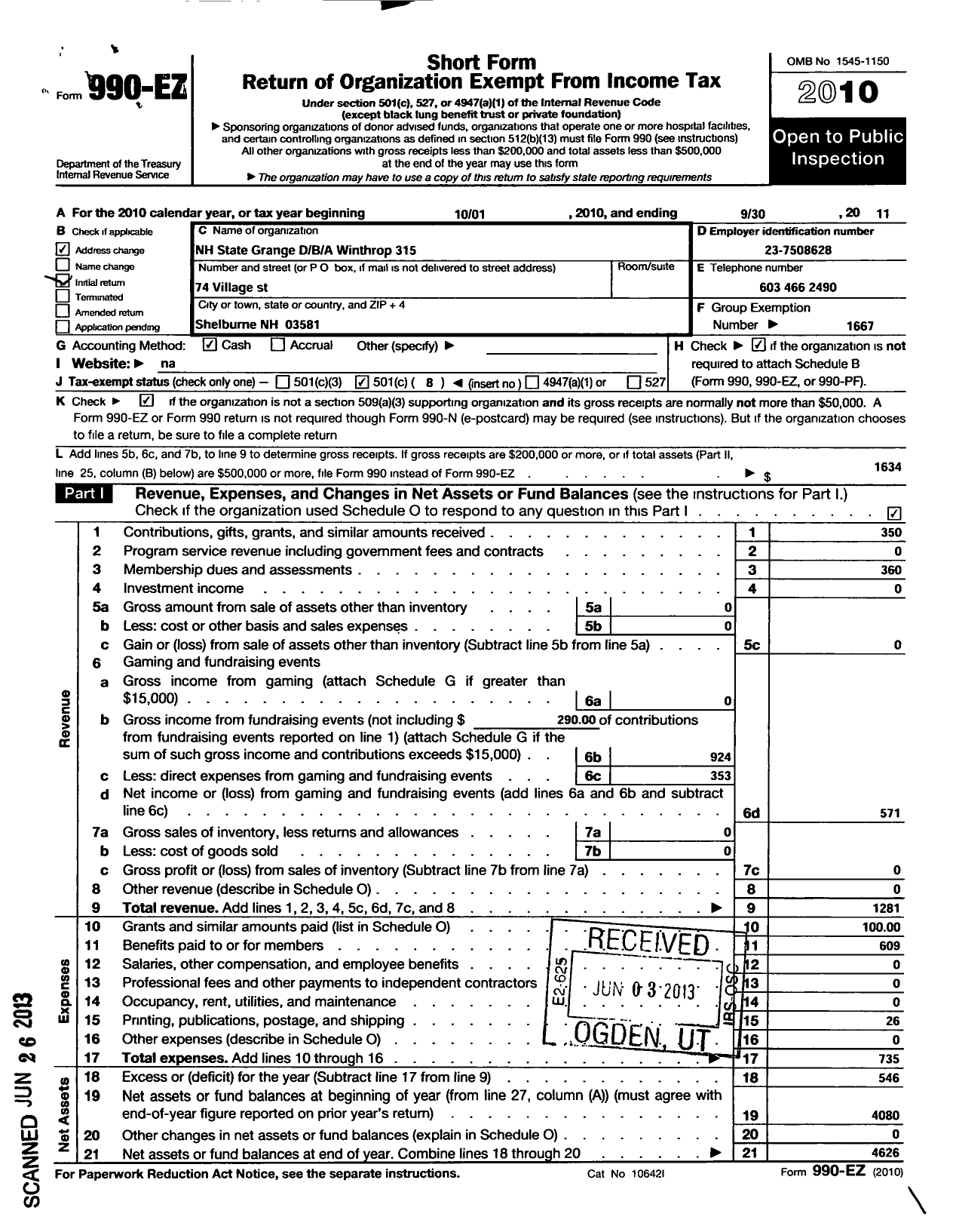 Image of first page of 2010 Form 990EO for New Hampshire State Grange of the Order of Patrons of Husbandry / 315 Winthrop