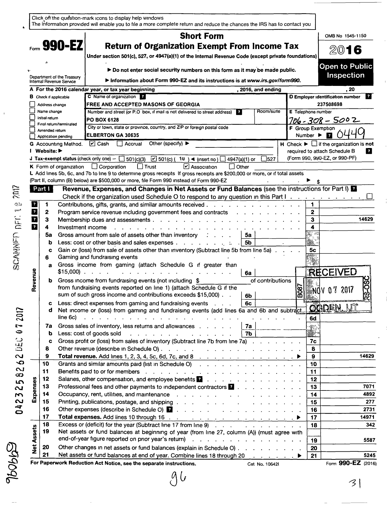 Image of first page of 2016 Form 990EO for Free & Accepted Masons of Georgia - Philomathea Lodge 25