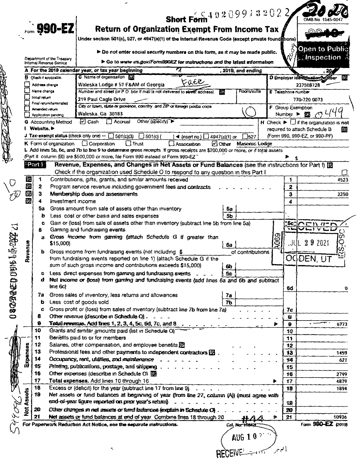 Image of first page of 2019 Form 990EO for Free & Accepted Masons of Georgia - 57 Waleska