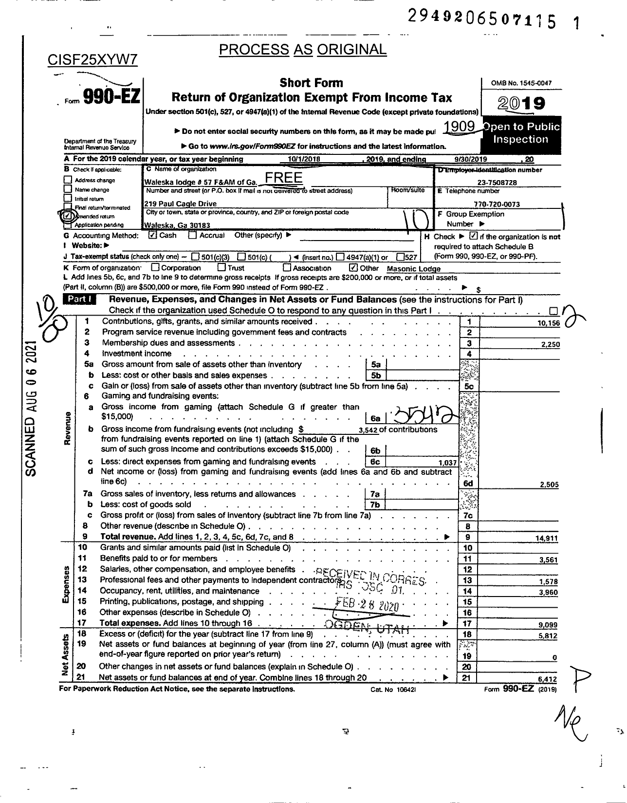 Image of first page of 2018 Form 990EO for Free & Accepted Masons of Georgia - 57 Waleska