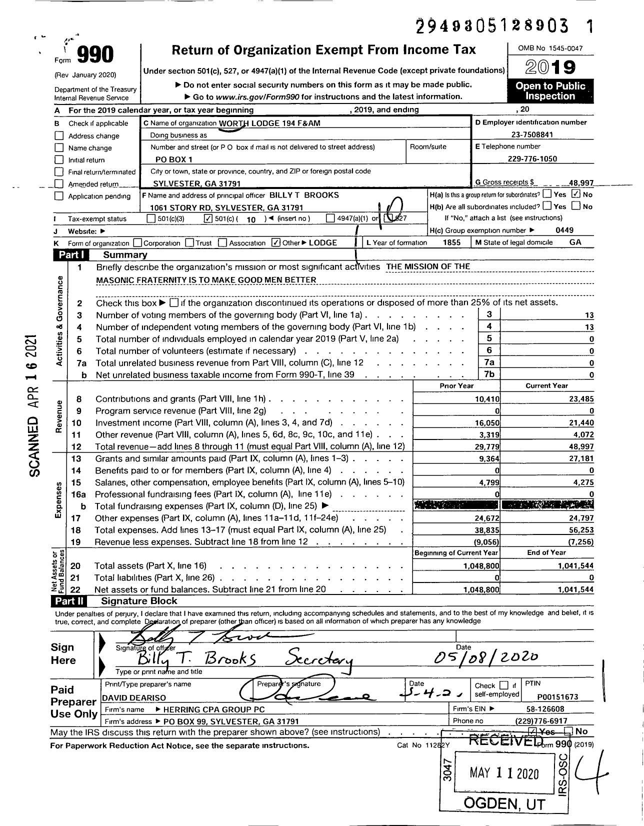 Image of first page of 2019 Form 990O for Free & Accepted Masons of Georgia - 194 Worth Lodge
