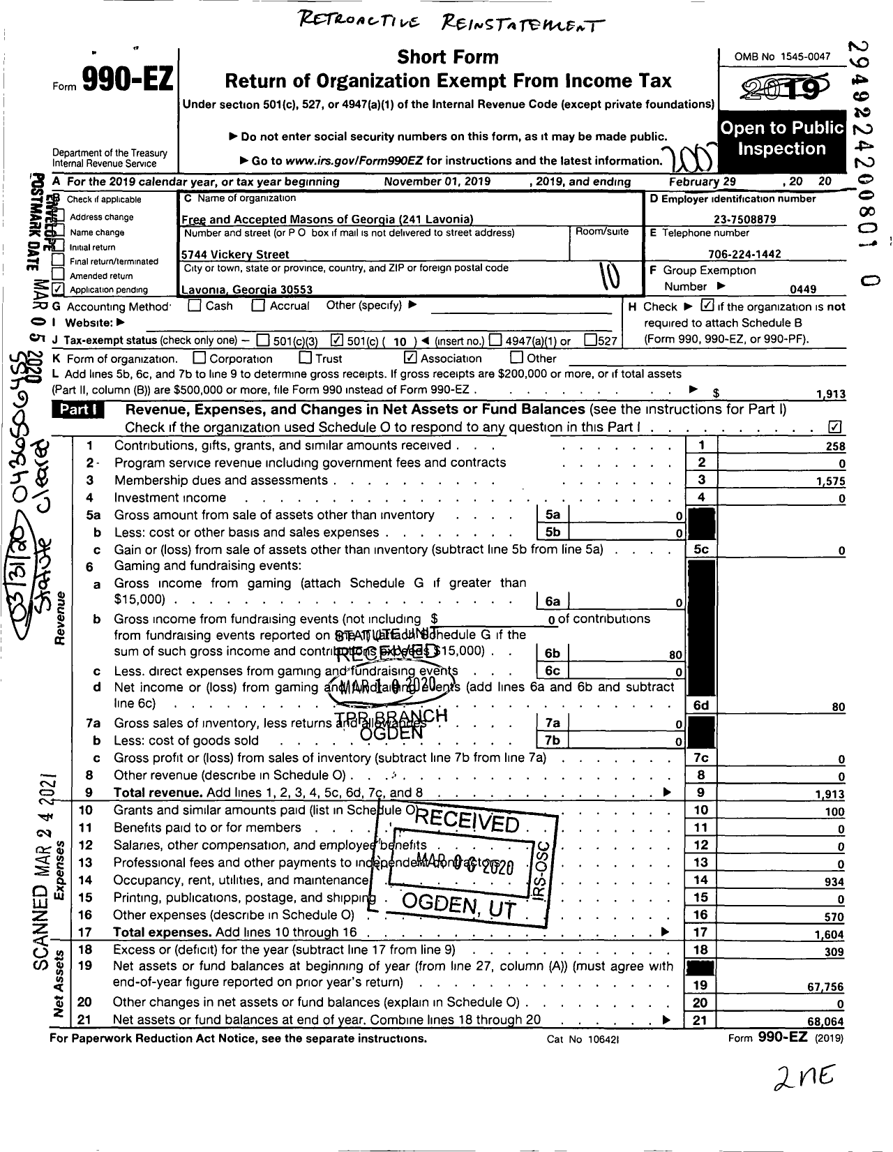 Image of first page of 2019 Form 990EO for Lavonia Lodge No 241 Free and Accepted Masons of Georgia