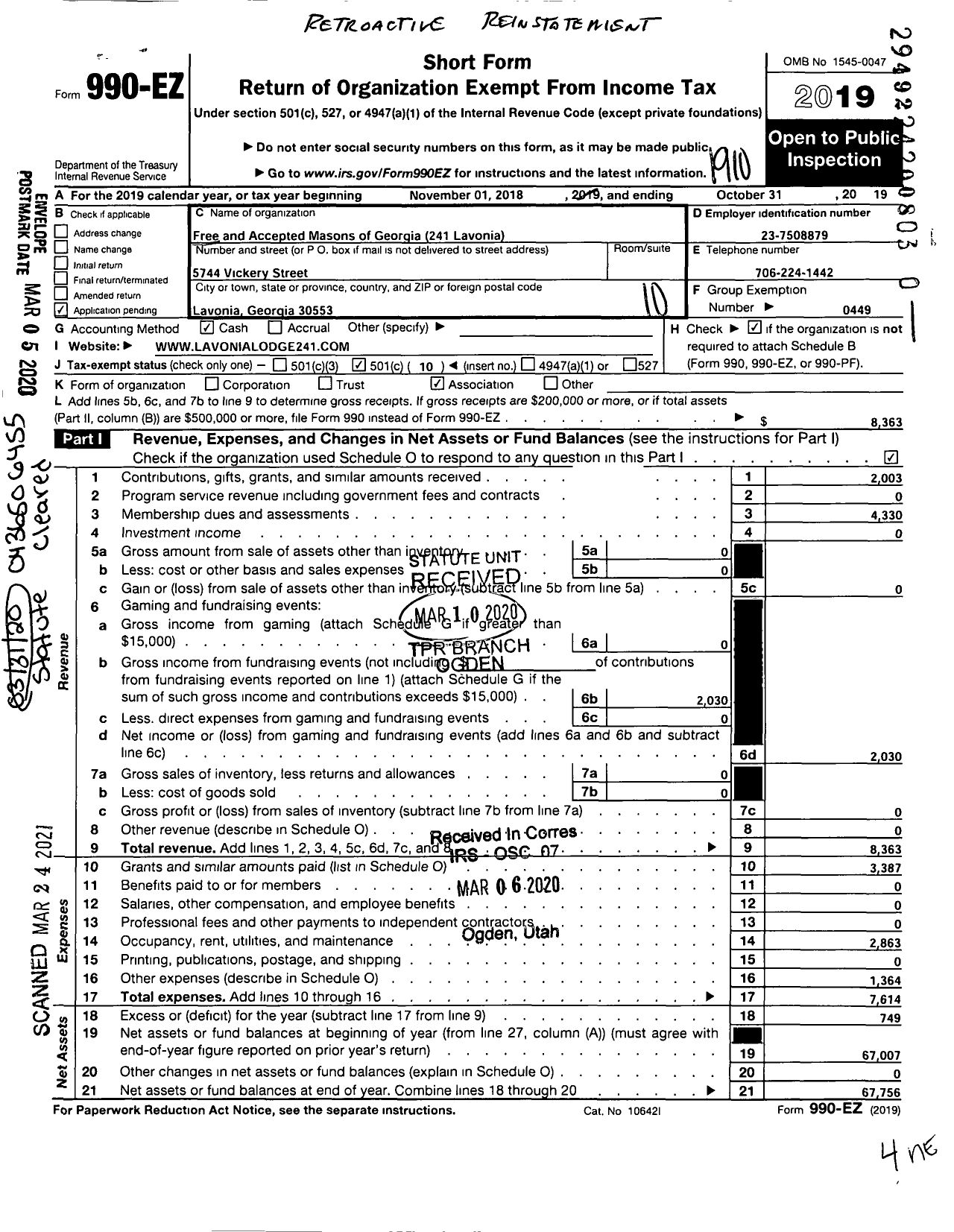 Image of first page of 2018 Form 990EO for Lavonia Lodge No 241 Free and Accepted Masons of Georgia