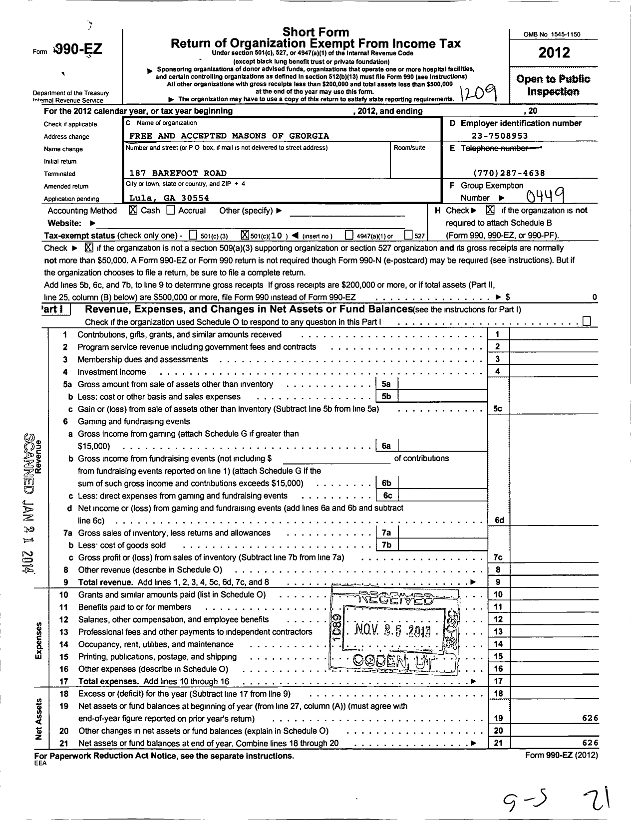 Image of first page of 2011 Form 990EO for Free & Accepted Masons of Georgia - 352 Lula