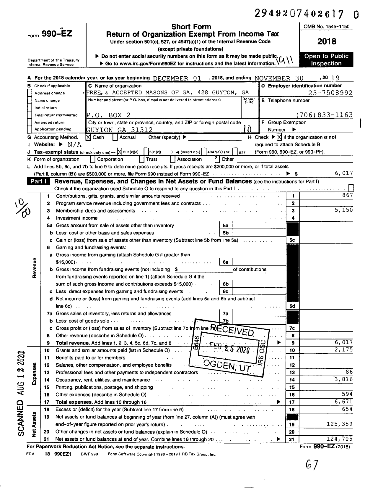 Image of first page of 2018 Form 990EO for Free & Accepted Masons of GA 428 Guyton GA 31312