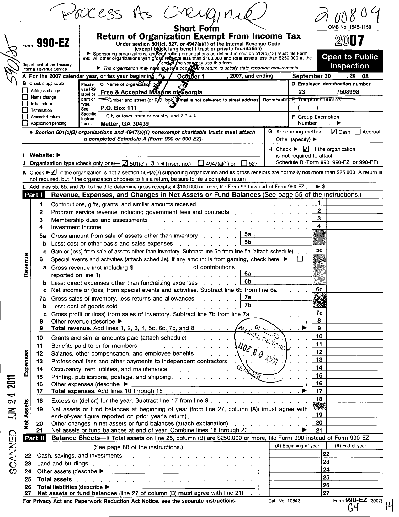 Image of first page of 2007 Form 990EZ for Free & Accepted Masons of Georgia - 435 Metter