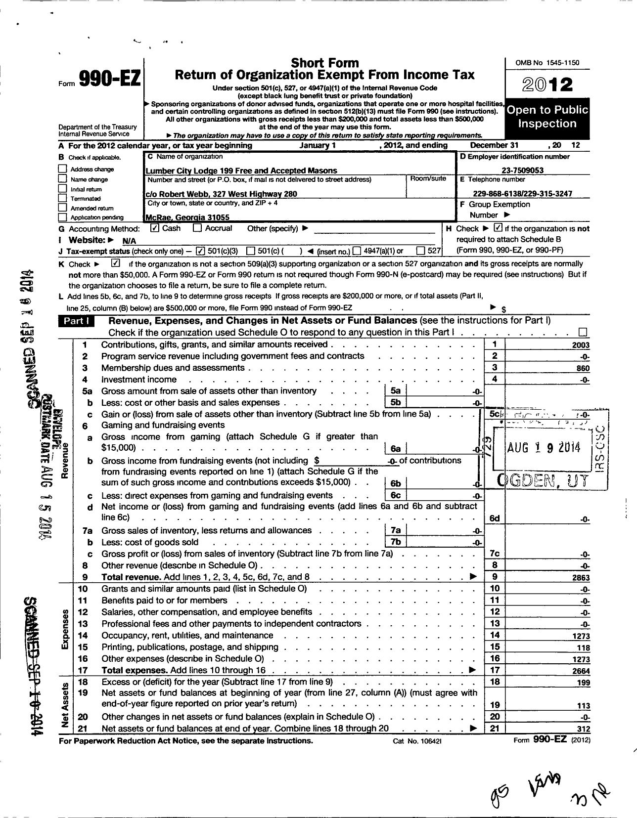 Image of first page of 2012 Form 990EZ for Lumber City Lodge 199 Free and Accepted Masons